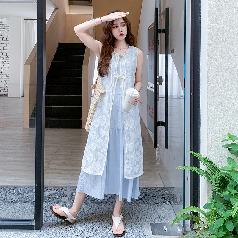 法式蕾丝刺绣罩衫两件套连衣裙女2025夏季新款时髦洋气显瘦套装裙