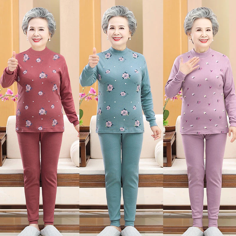 中老年妈妈保暖套装老太太纯棉保暖内衣套装高领秋衣全棉秋裤