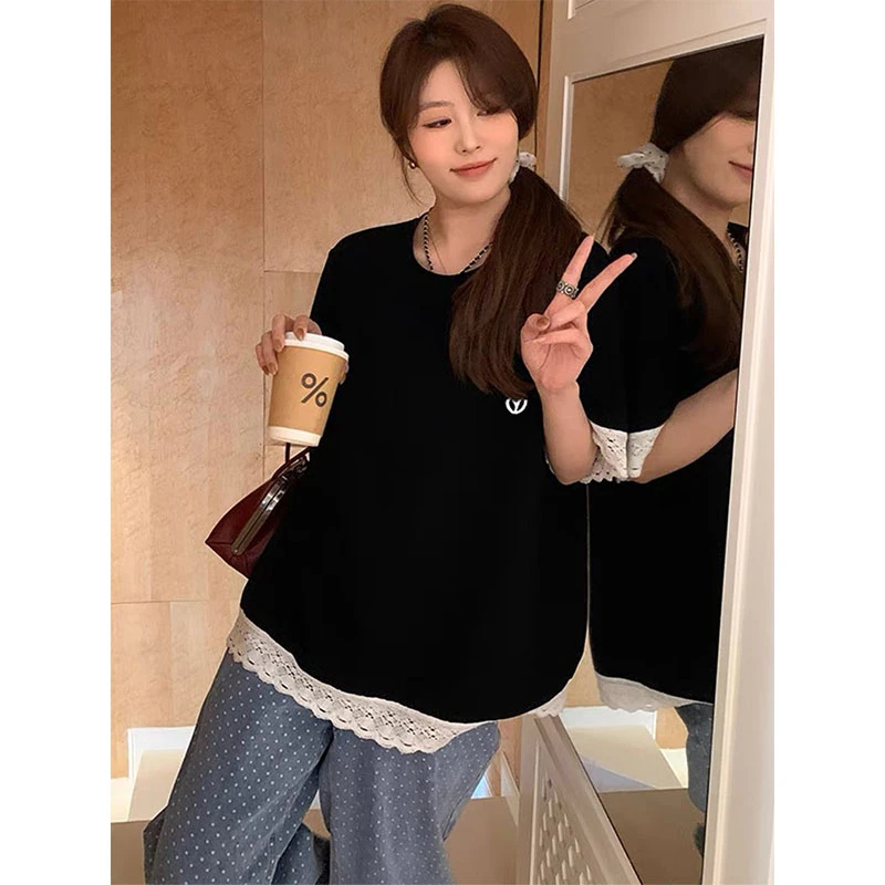 蕾丝拼接短袖t恤女2025春夏新款甜美减龄宽松内搭显瘦打底衫上衣