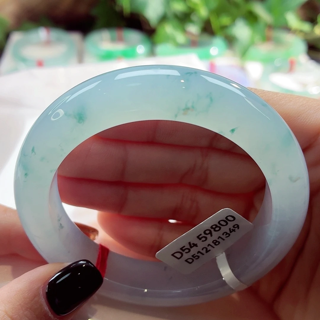 翡翠未镶嵌手镯冰胶果冻底蓝底飘蓝花68-056