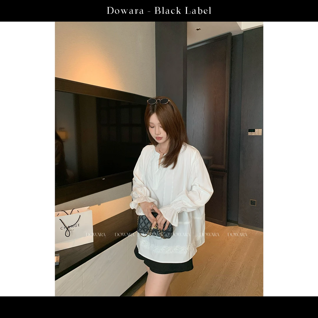 现货大婉酱黑标【佛兰德小衫】法式灯笼袖衬衫秋刺绣显瘦上衣9860D