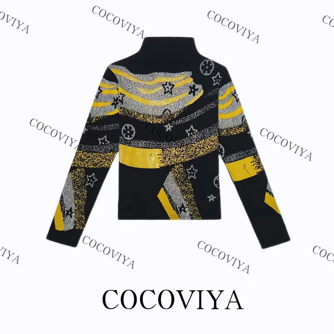 【CC】COCOVIYA黑黄银星涂鸦潮酷德绒长袖T恤时尚内搭上衣26C-601