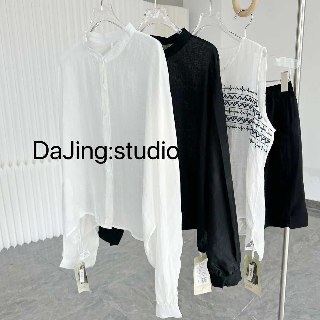 DAJING 100苎麻衬衫女上衣 欧货薄款白色宽松长袖衬衫防晒女装夏