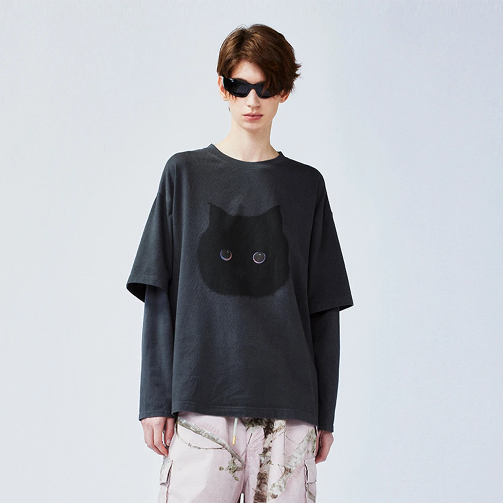 UOOYAA/乌丫「一只很黑的猫」胶囊系列假两件T恤UY25142T141131