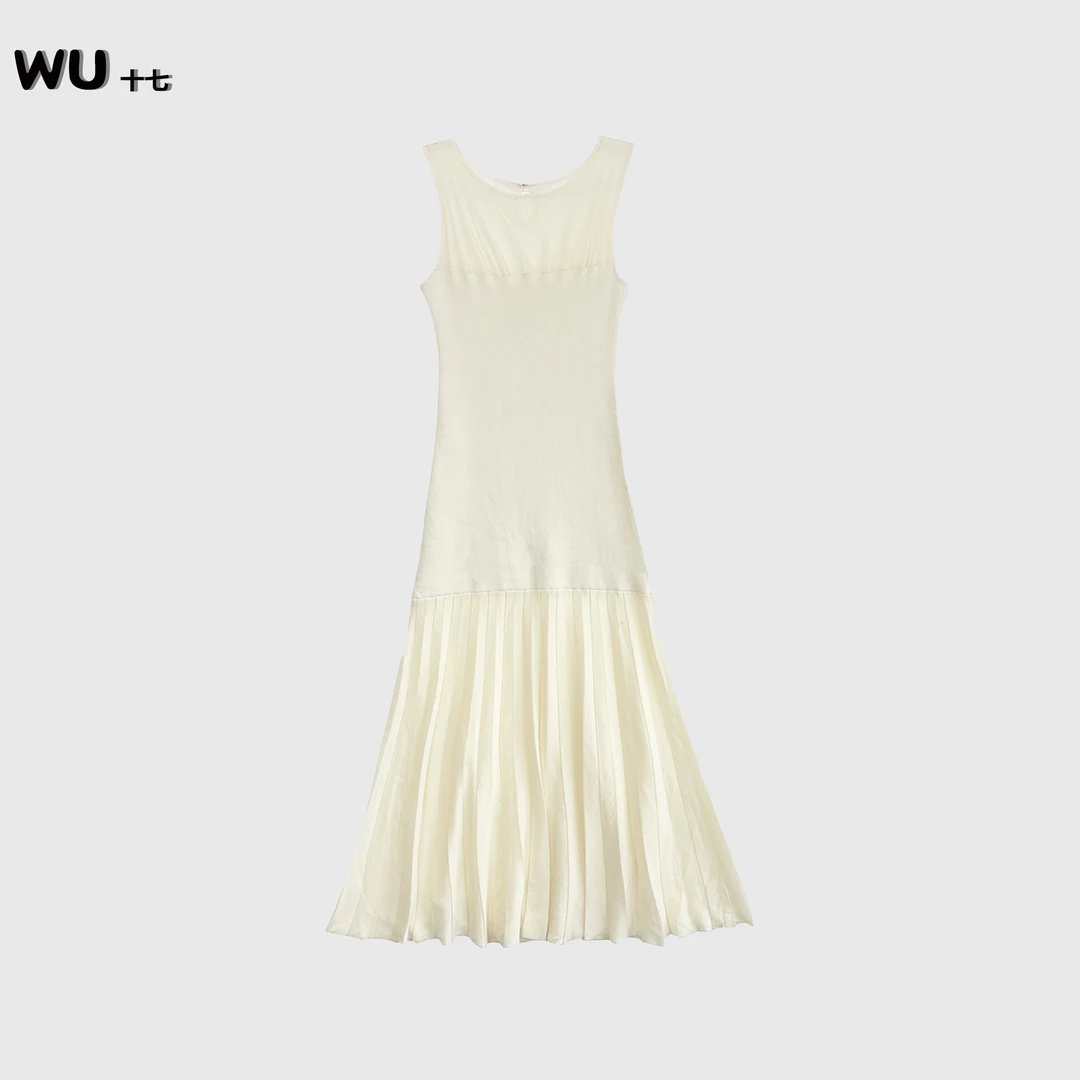 法式圆领连衣裙女夏季小众显瘦名媛设计感拼接网纱裙2506050