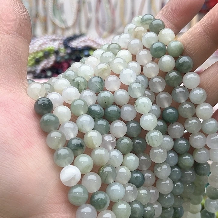 玛瑙/玉髓珠宝半成品未镶嵌2条8mm左右绿兔毛珠