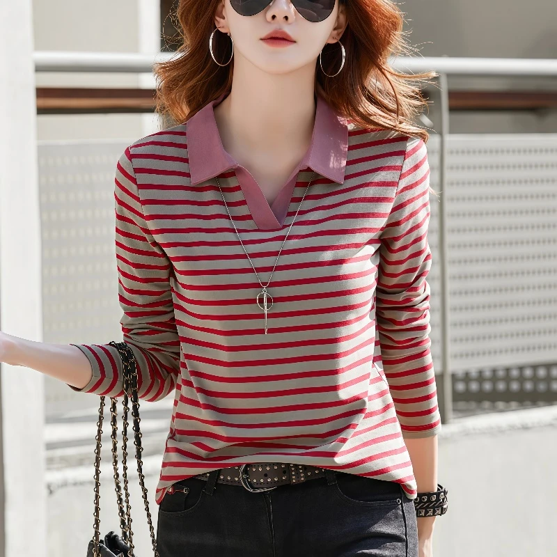 纯棉POLO翻领条纹长袖t恤女打底衫秋冬新款宽松显瘦休闲正肩上衣