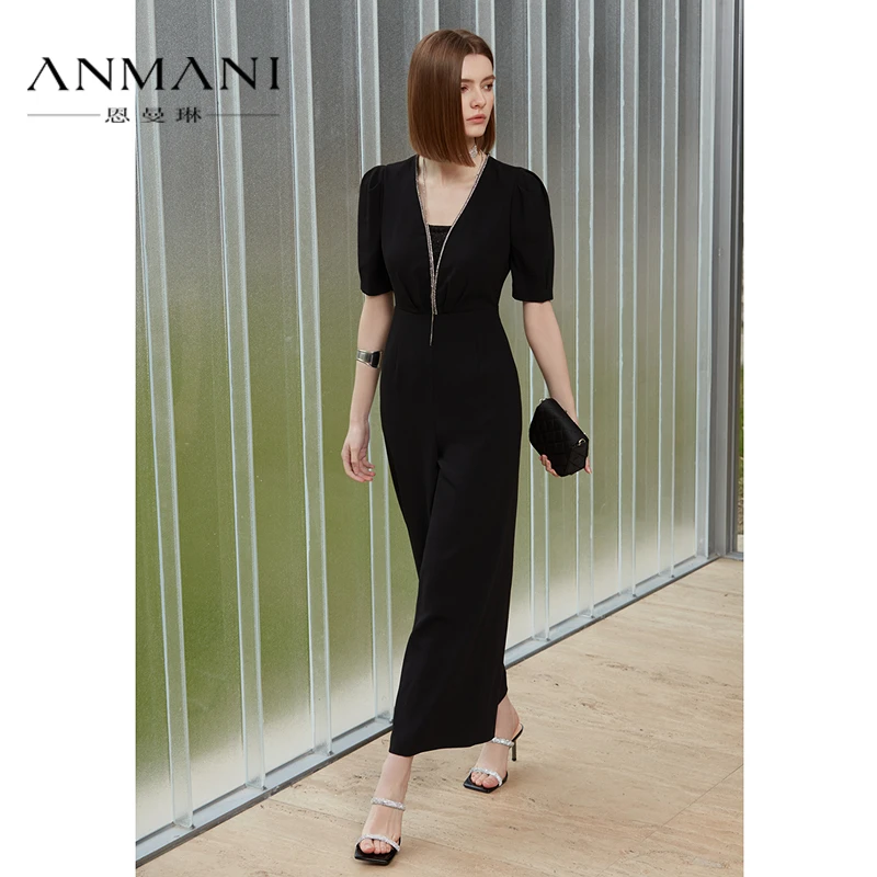 ANMANI恩曼琳春季新款钻条V领泡泡袖高腰阔腿连体裤EANEAA96