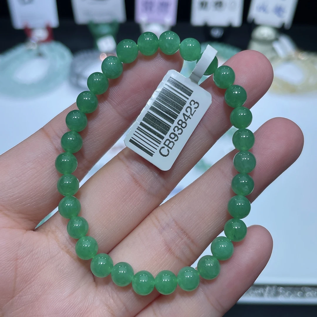 缅甸天然翡翠A货冰种冰满绿色圆珠手串卡6