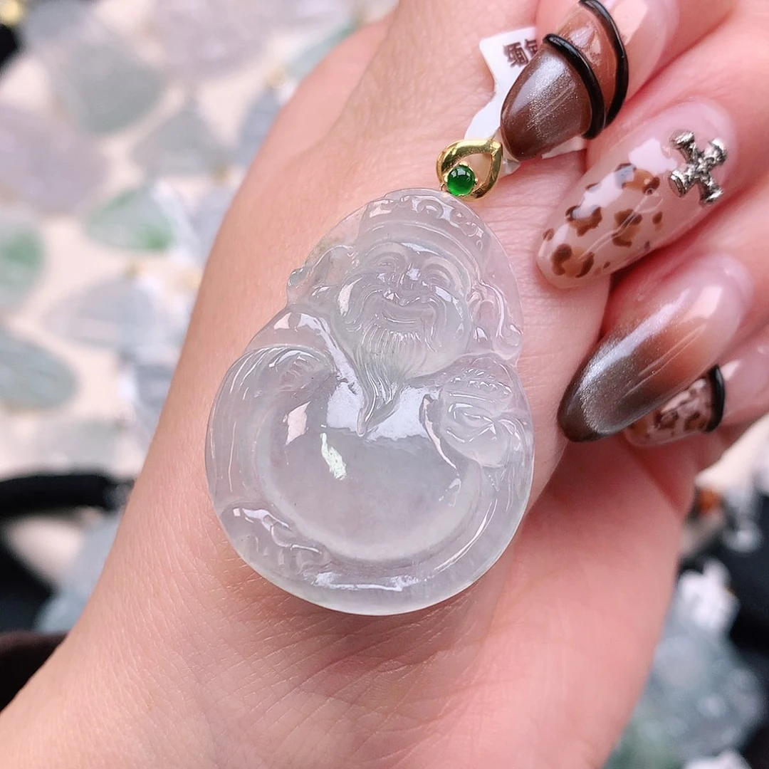 翡翠颈饰18K金镶嵌财神40.7、34.6、26.7、5.6