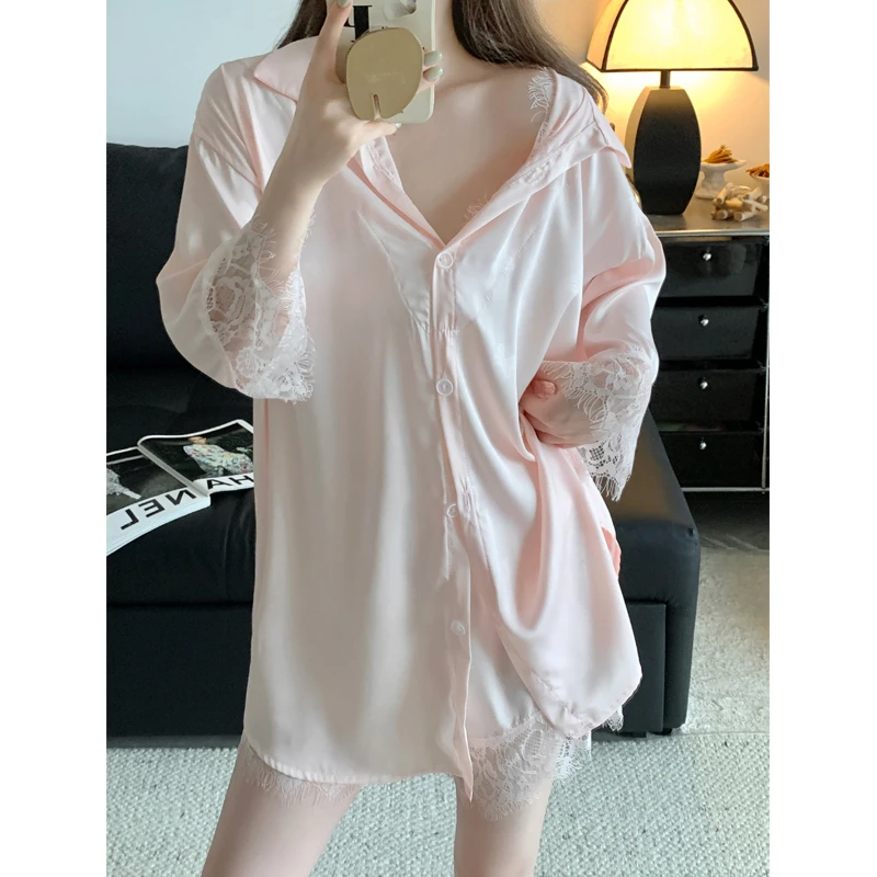 新款超火凉感冰丝睡衣女款夏季性感男友风衬衫半袖薄款家居服短裤