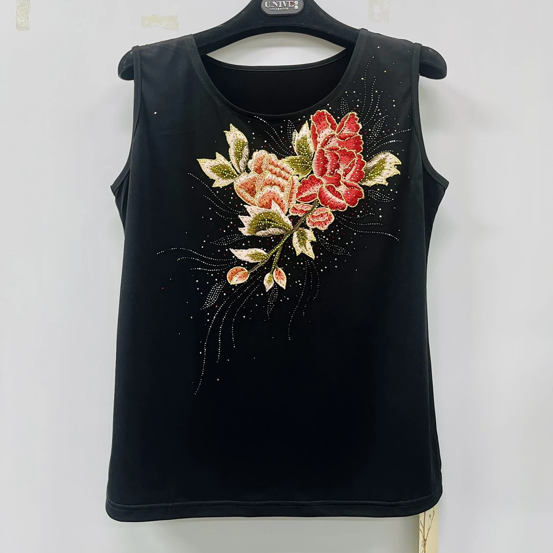 荣澜新款韩国冰丝麻重工刺绣水溶花中老年妈妈装无袖背心上衣1801