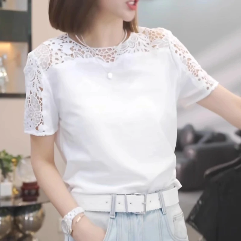 洋气衣服女2025夏季韩版宽松t恤女镂空正肩短袖时尚洋气女士圆领