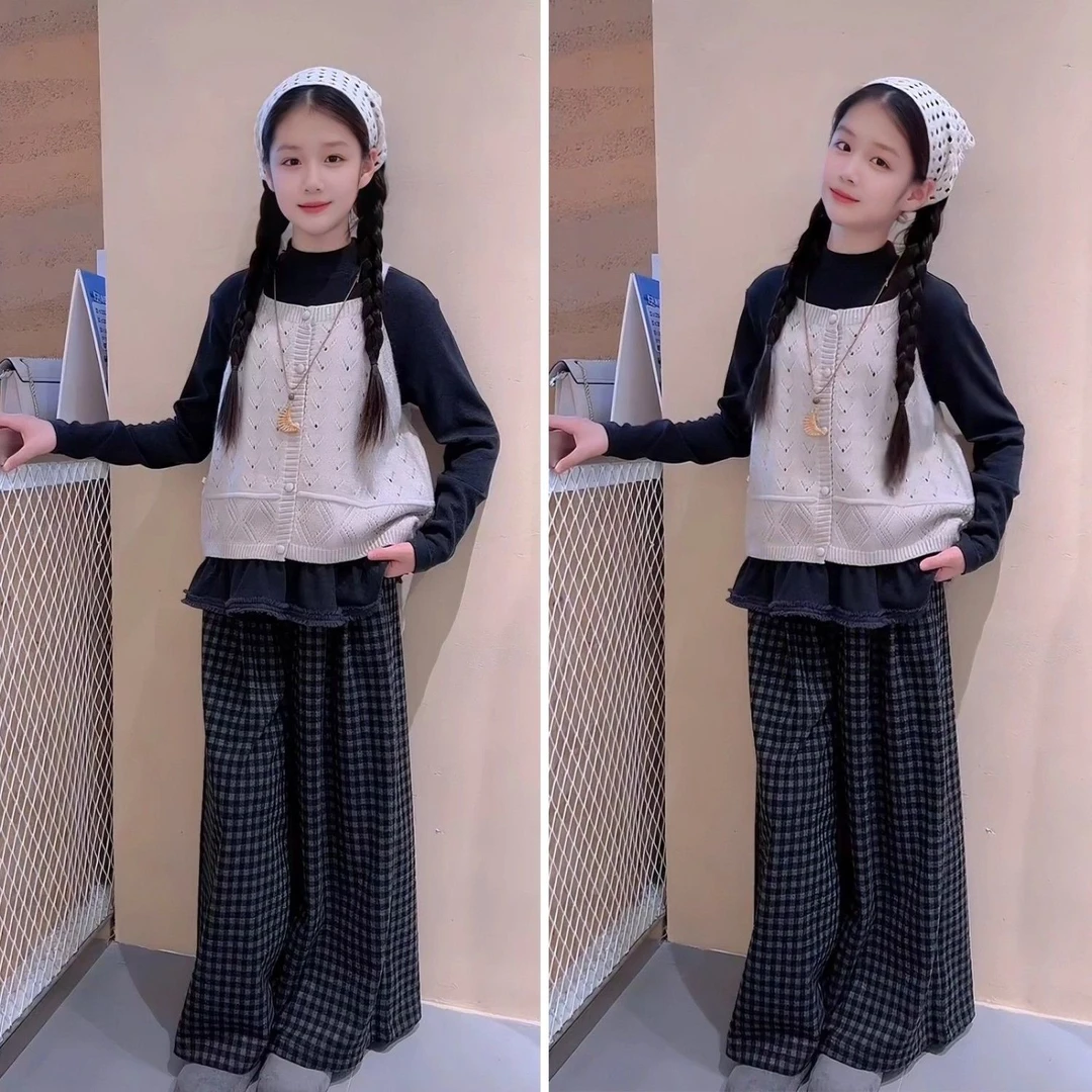 春秋季女童装韩系马甲格子裤套装2025新款儿童大童时髦洋气三件套