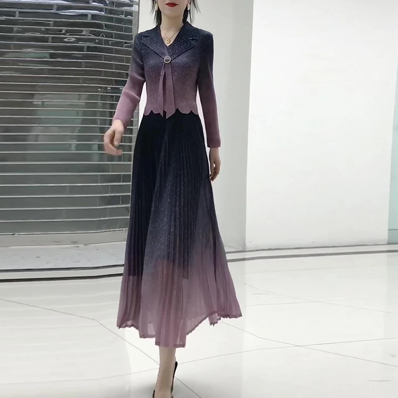 夏季新款高腰气质百褶裙假两件A字裙渐变星空长裙度假长袖连衣裙