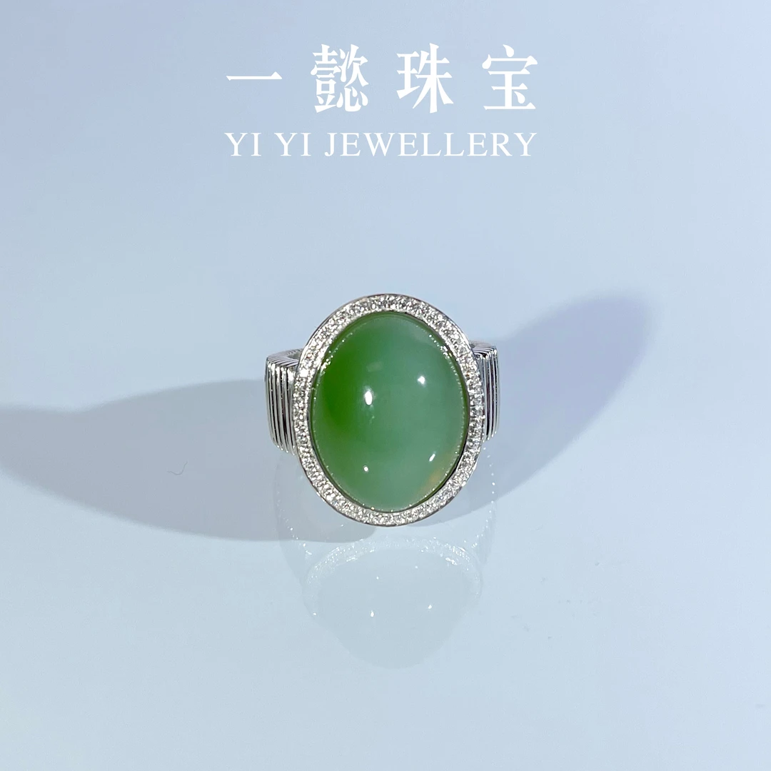 【一懿珠宝】天然和田玉 粉青猫眼蛋面戒指  时尚气质百搭 fq069