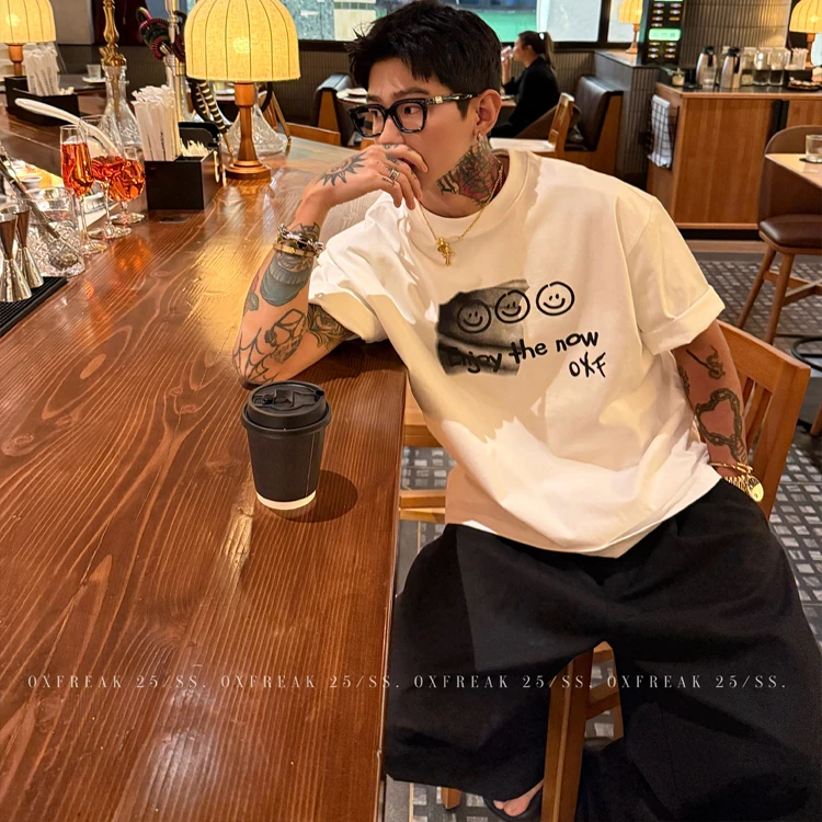 OXFREAK 「手绘笑脸 字母印花」300G纯棉重磅短袖t恤男宽松半截袖