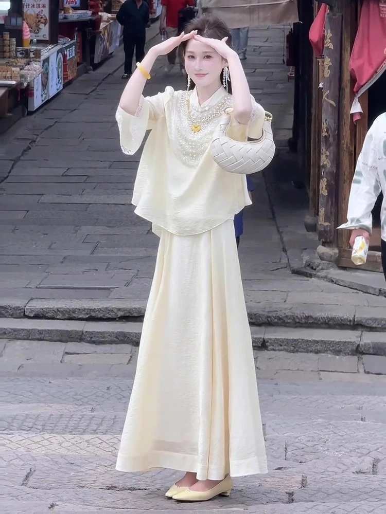 新中式国风禅意女装夏季高级感气质盘扣衬衫半身裙子时尚两件套装