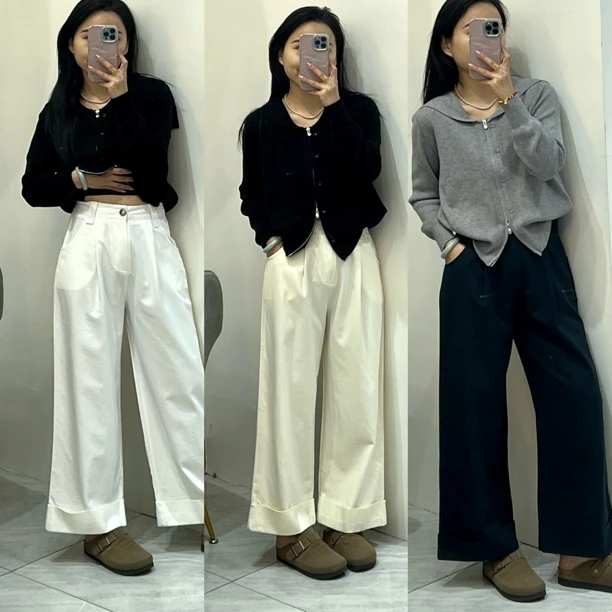 翻边直筒阔腿裤 显细遮胯裤