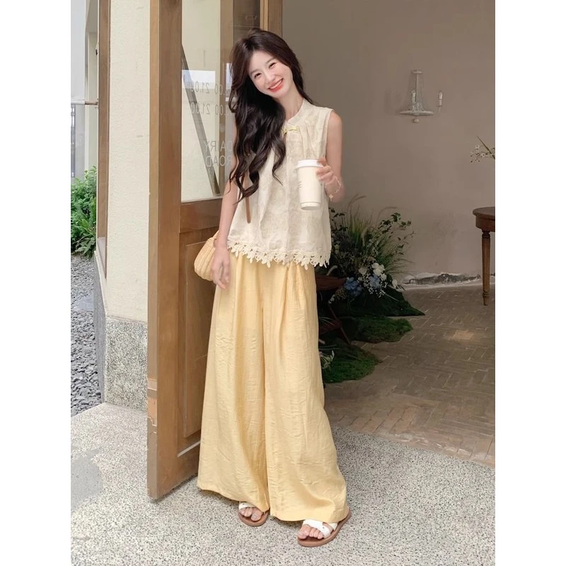 新中式国风花边背心气质套装女2025夏季新款清冷松弛感穿搭两件套