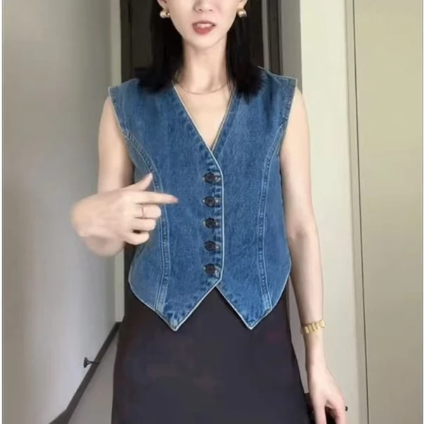 PERIKAS牛仔马甲夏季马夹水洗百搭春秋显瘦时尚复古短V领无袖上衣