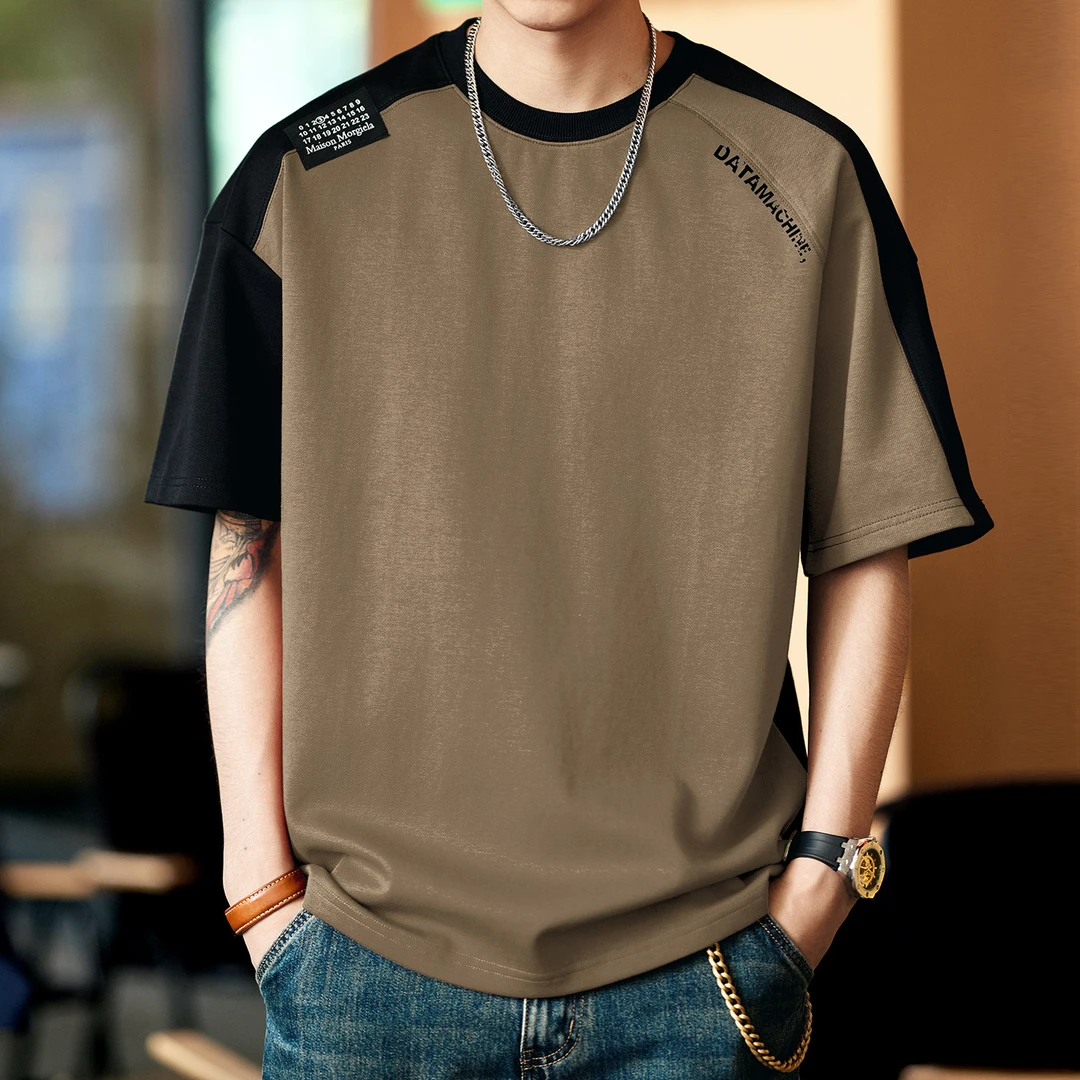 格蓝鹿美式夏季新款撞色拼接男士t恤潮牌宽松复古圆领短袖体恤男