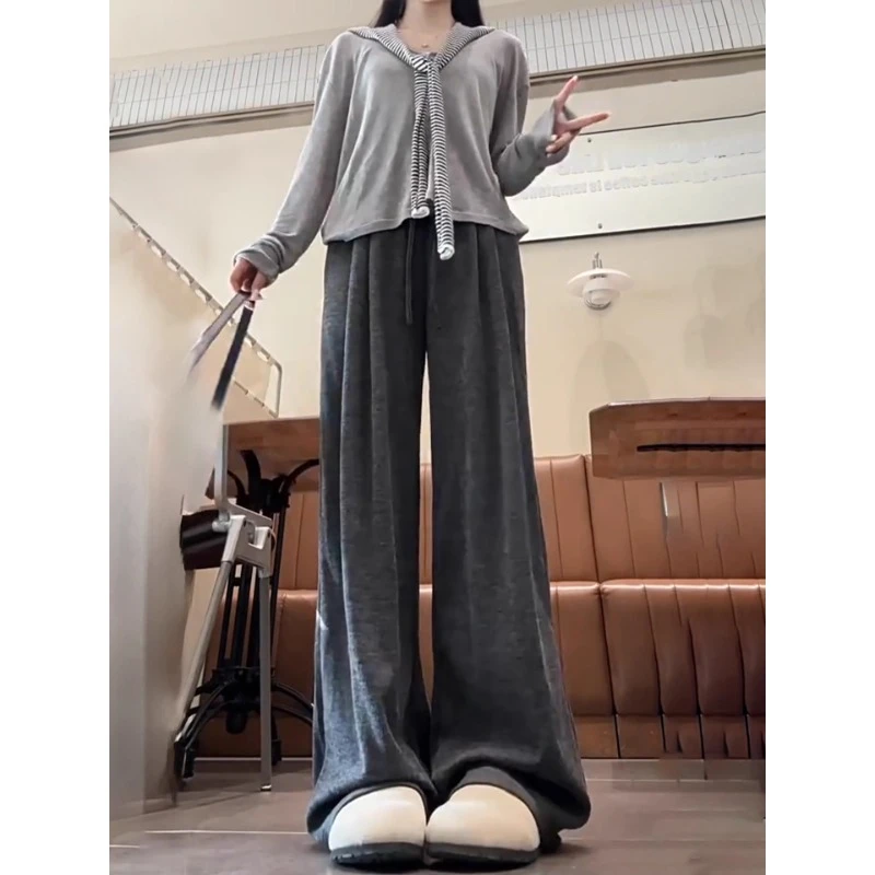 米杏色人字纹毛呢裤女秋冬加绒胖mm显瘦休闲裤梨型身材直筒阔腿裤