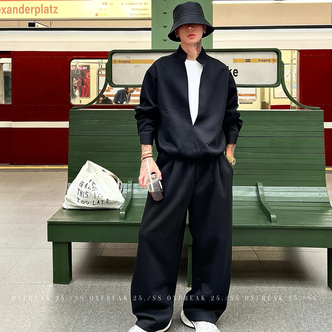 OXFREAK「叠穿感 假两件」遛狗套装男宽松v领卫衣直筒休闲裤一套