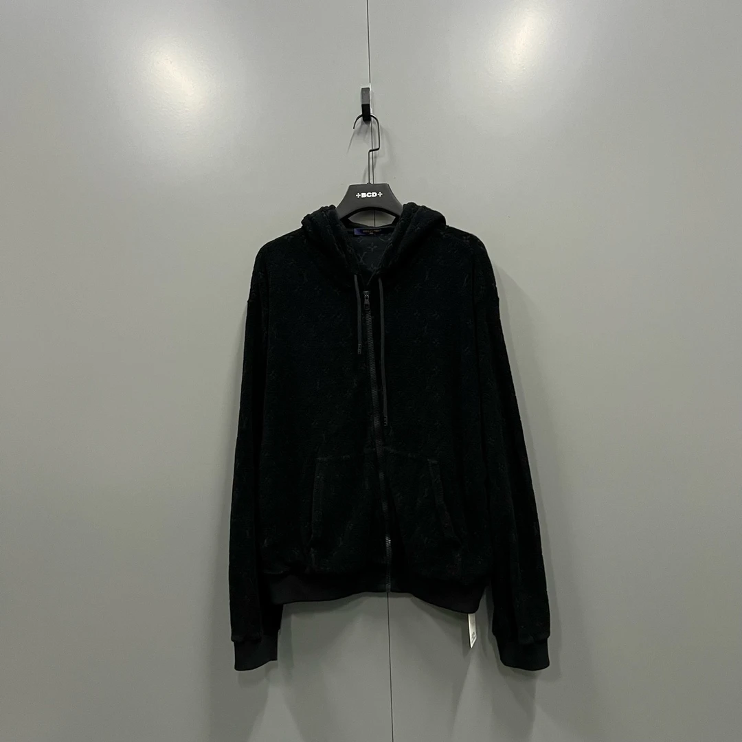 95新 LouisVuitton/路易威登 q219 黑色压纹老花拉链帽衫 L码/