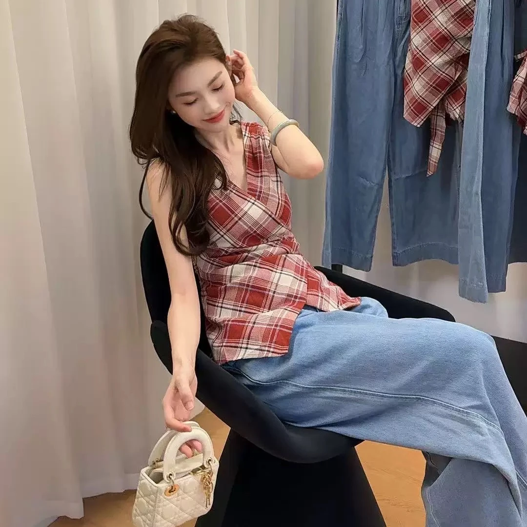 扭结挂脖复古格子背心上衣夏季新款法式气质减龄设计无袖百搭T恤