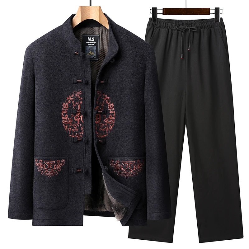 唐装男中老年爸爸装冬季加绒加厚保暖套装中国风爷爷装过寿老人服