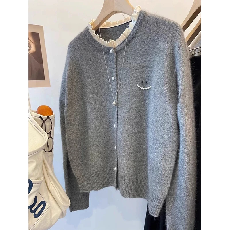 秋冬网红高级感灰色木耳边短款洋气外穿开衫毛衣女外套针织衫上衣