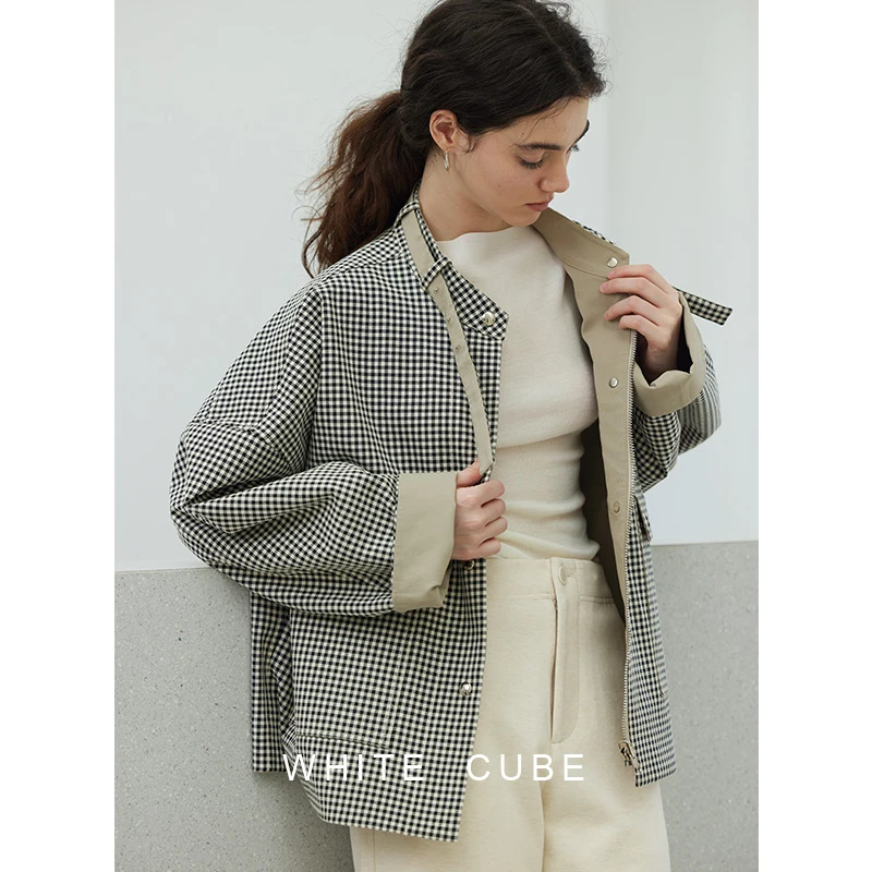 whitecube 2025春威尔士格纹卡其色小立领两面穿工装短外套风衣女
