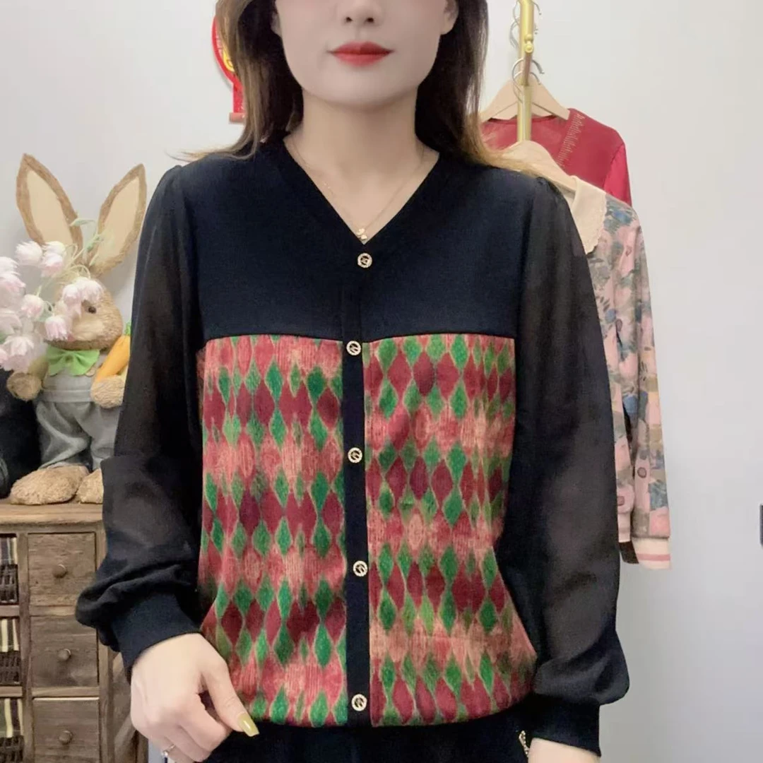 【丽姐家】秋季新款妈妈装长袖条纹百搭时尚百搭中老年女装V领
