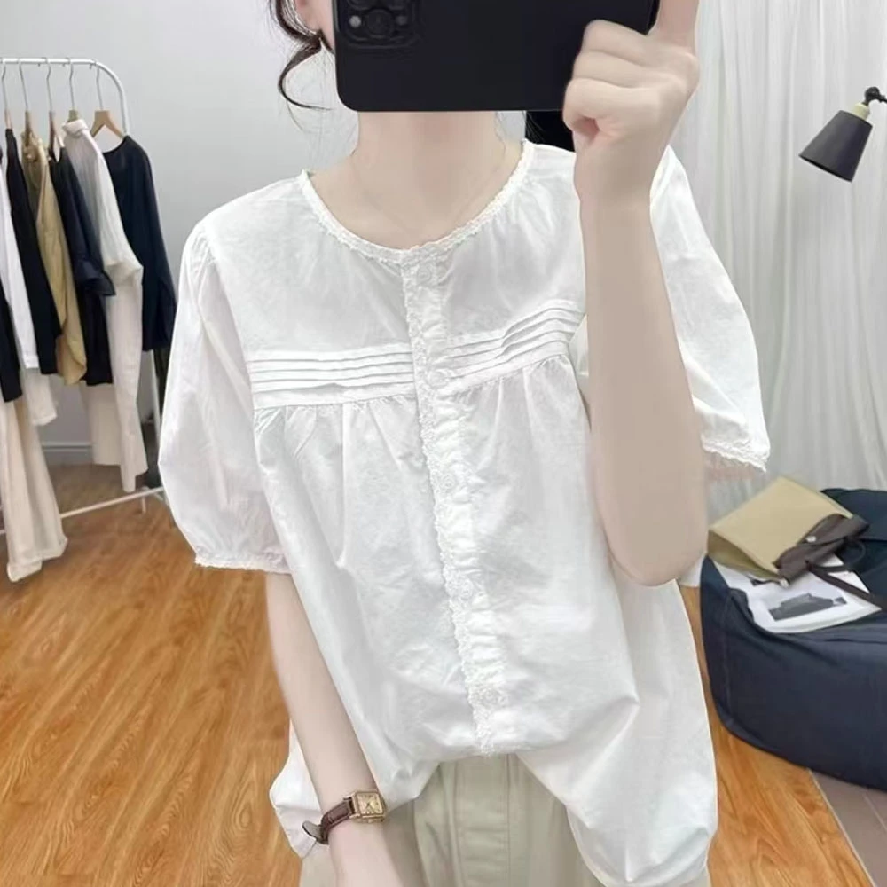 莫兰迪纯棉蕾丝拼接灯笼袖短袖衬衫女宽松减龄夏季新款洋气衬衣潮