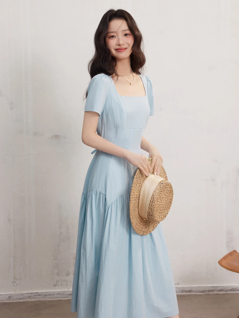 瞌睡兔法式方领连衣裙女夏季温柔气质收腰显瘦A字长裙子