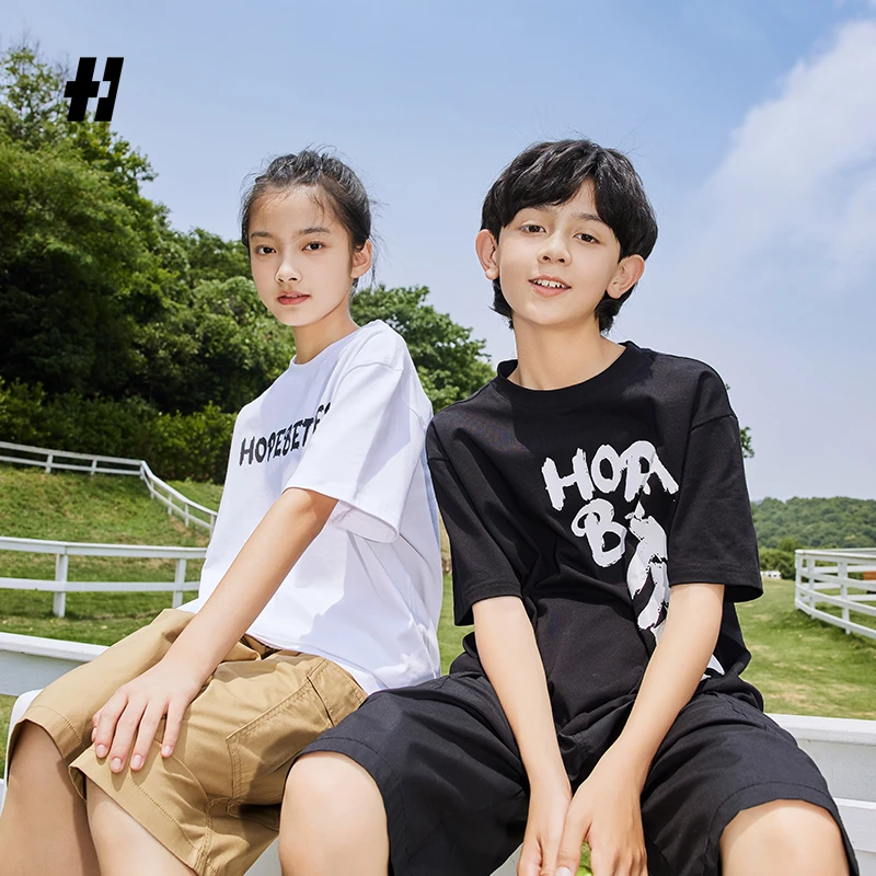 HOPEBETTER 运动休闲百搭简约成人/儿童圆领棉短袖毛笔款男女情侣