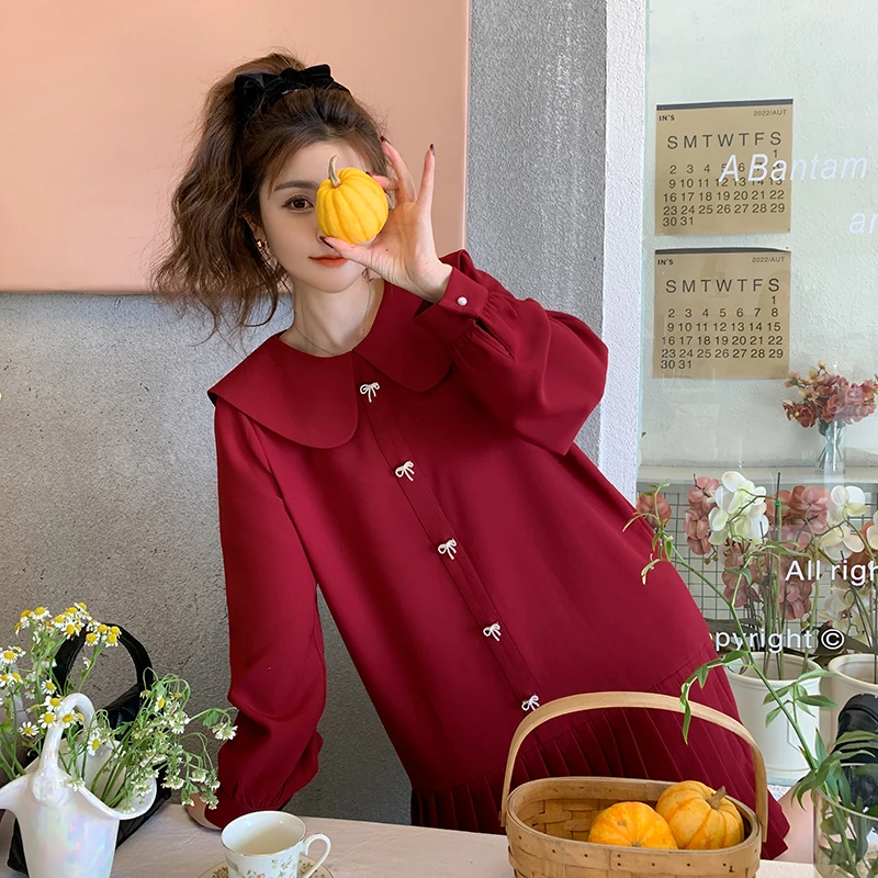 韩版春秋连衣裙不褪色长袖百褶裙娃娃领薄雾少女风