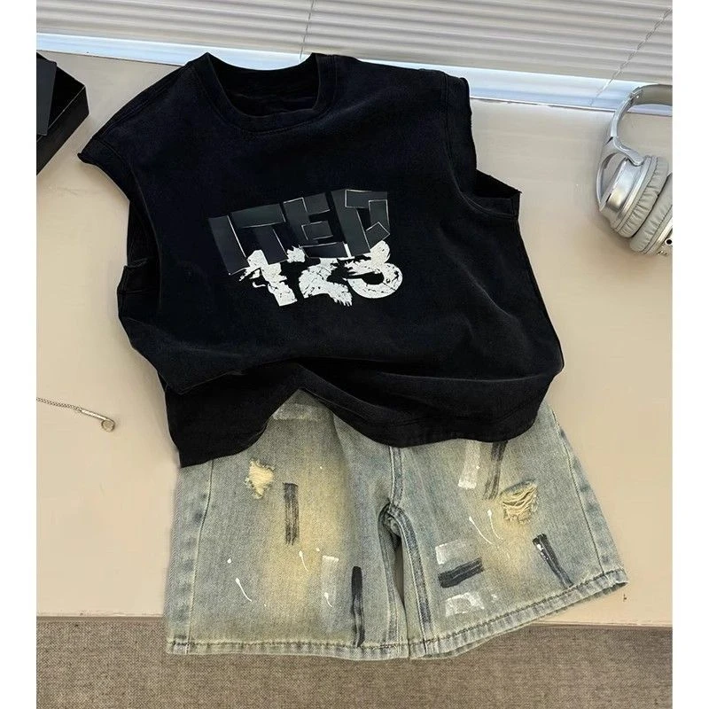韩国童装男童套装2025爆款春夏洋气时髦背心儿童新品牛仔短裤夏款