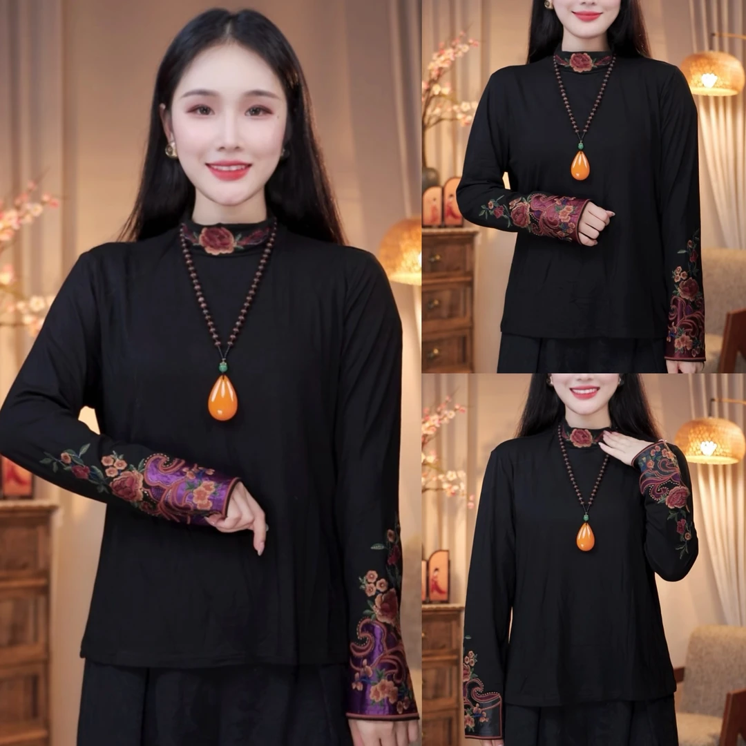 引卷  中国风刺绣打底衫女秋冬季新款民族风袖口绣花外穿内搭上衣