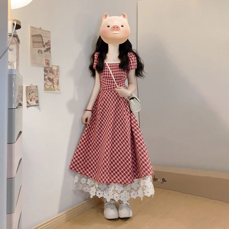 法式高级感红色格纹连衣裙2025新款小个子独特漂亮掐腰长裙2846