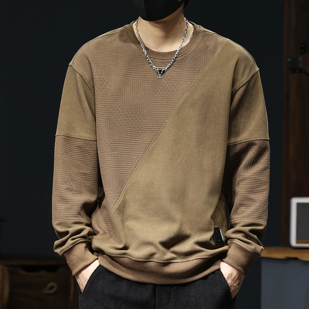 高端拼接提花圆领卫衣男士春秋季潮牌新款宽松大码长袖上衣外套