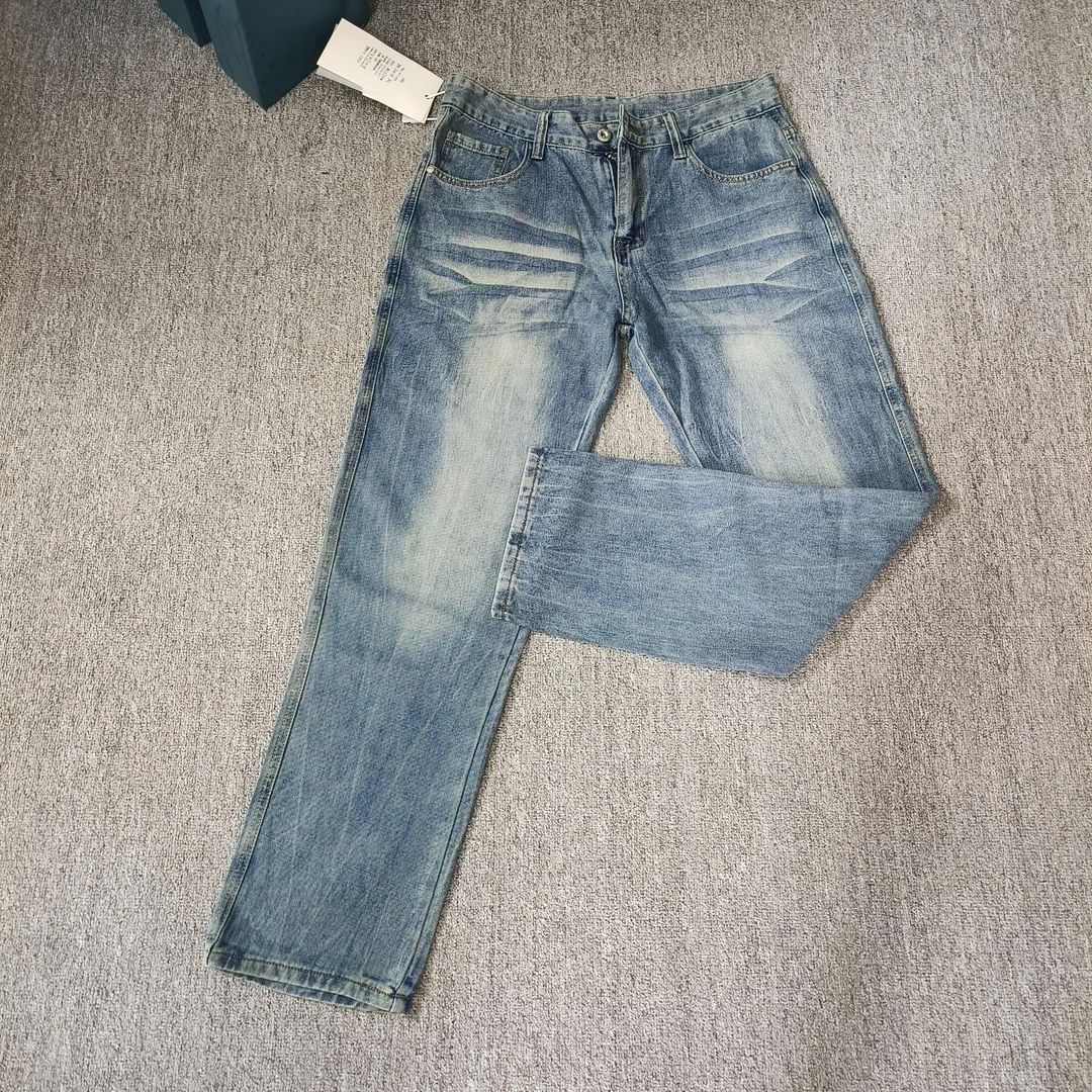 猫须石磨基础大众水洗褶皱牛仔裤做旧男士欧美风