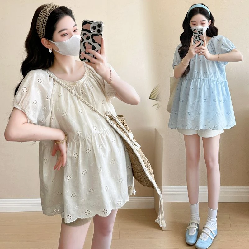 孕妇装法式蕾丝刺绣温柔减龄夏季新款洋气时尚韩版优雅娃娃衫上衣