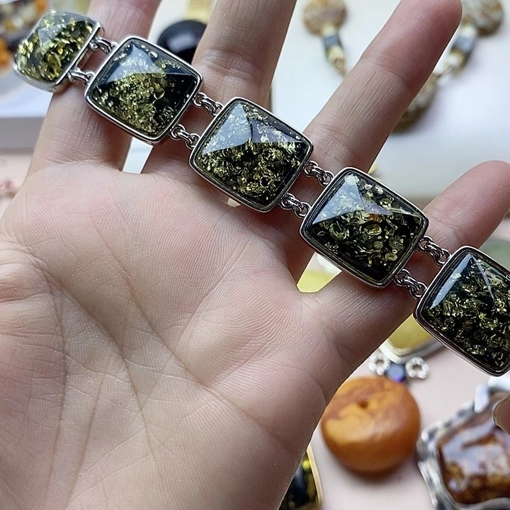 银S925镶嵌琥珀（花珀）手链花珀手链
