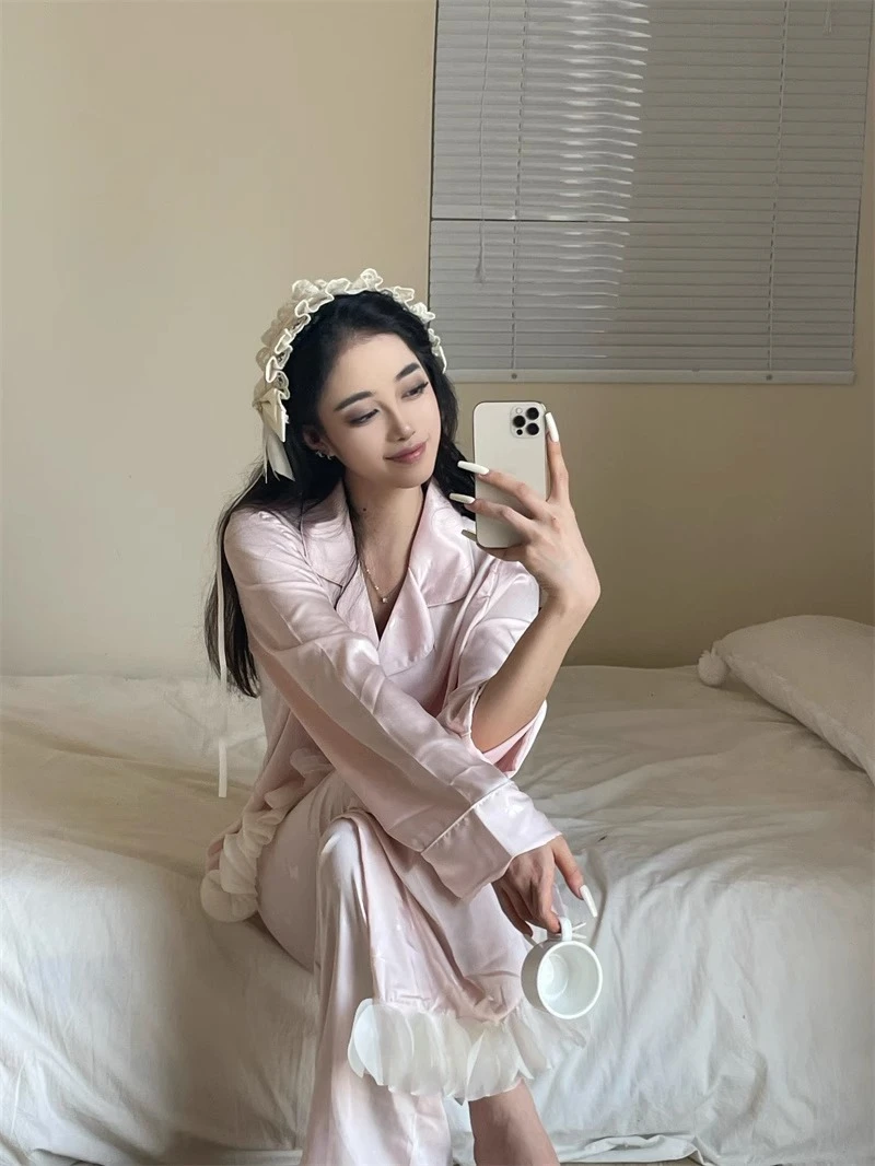 【DMXJ大梦想家】法式甜美公主风纯色花边缎面睡衣女春款裸感家居服