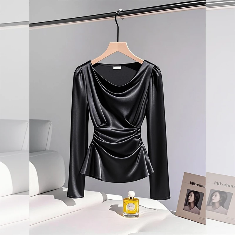 黑色荡领长袖衬衫女秋季新款时尚百搭洋气减龄法式轻奢轻熟风小衫