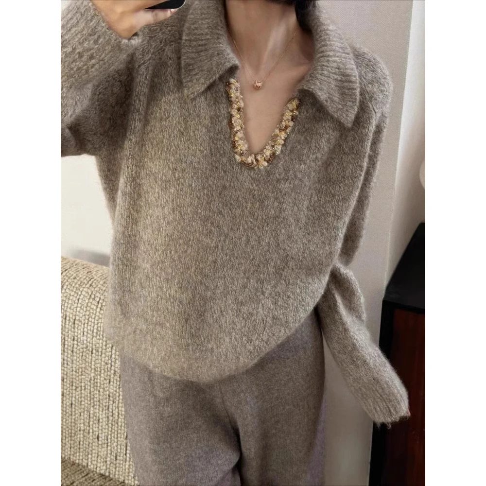 法式复古时尚气质翻领高级感针织衫女秋冬款百搭显瘦毛衣长袖上衣