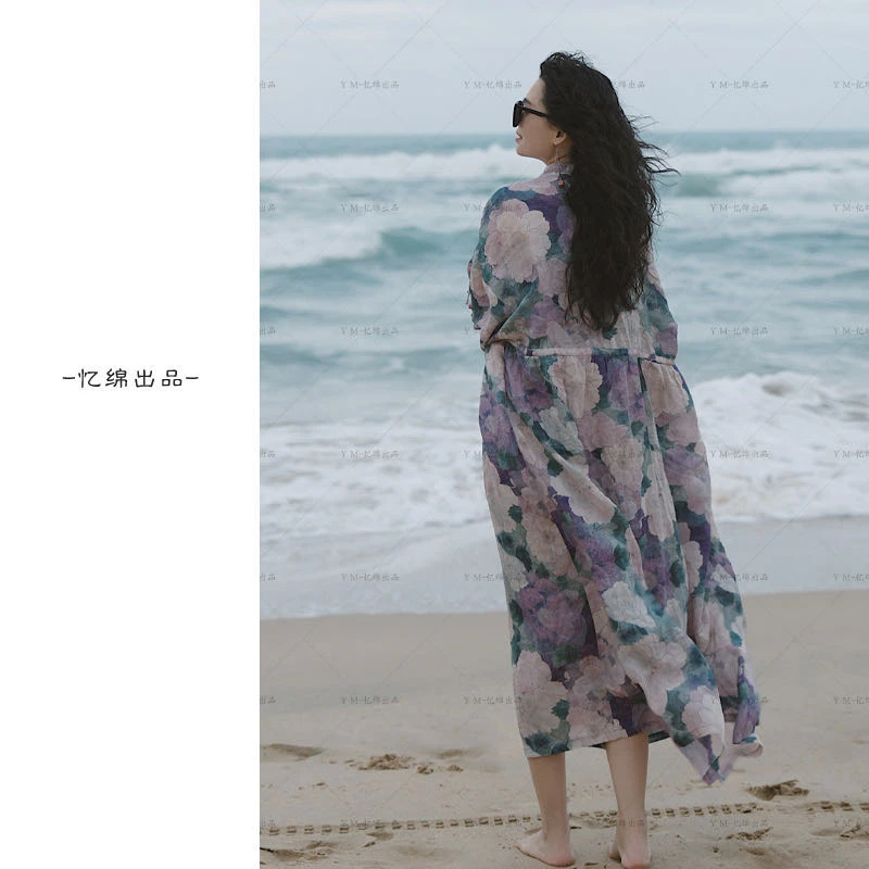 忆绵出品29682“ 繁华协奏”高质冷感温柔印花领口系绳苎麻连衣裙