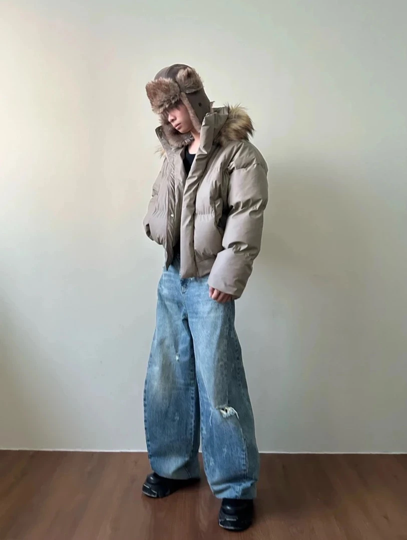 美式cleanfit短款重磅pu领子帽子可拆卸情侣棉服